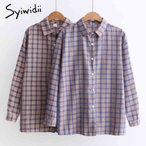 

syiwidii plaid women shirts blouses cotton long sleeve turn collar button up shirt spring fall casual sanding checked 210417, White