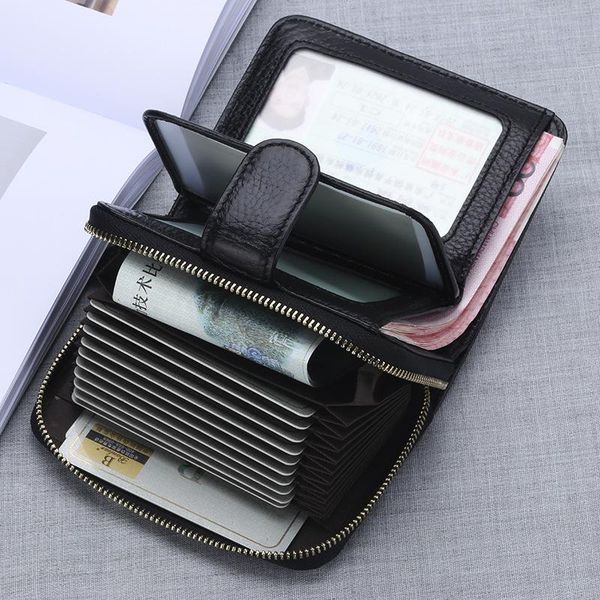 

card holders man bag genuine leather purse driver's license wallet rfid male holder anti-theft brush zipper multi unisex, Brown;gray