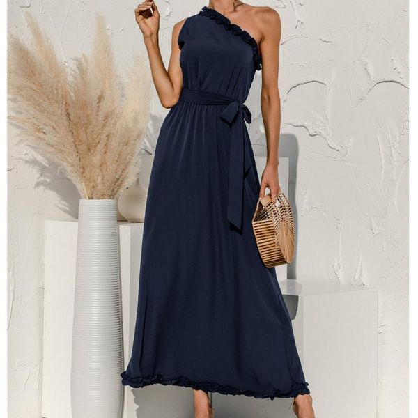 

casual dresses party maxi women one shoulder sashes ruffles summer sundress solid color females 2021 red long dress, Black;gray