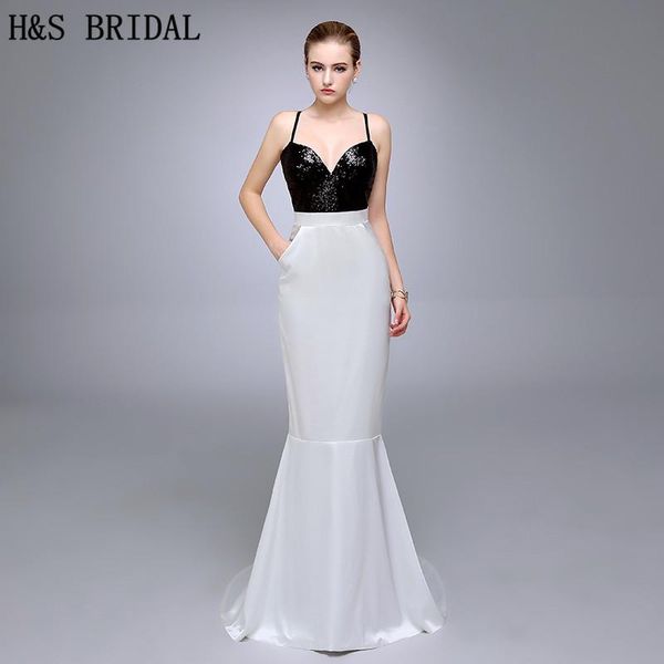

party dresses hs01 sweetheart with straps black and white simple evening gown sequins mermaid dress pockets, White;black