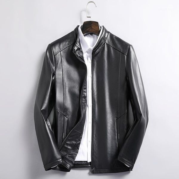 

men's fur & faux coat autumn and winter middle-aged casual thin stand collar short sheepskin leather jacket, Black