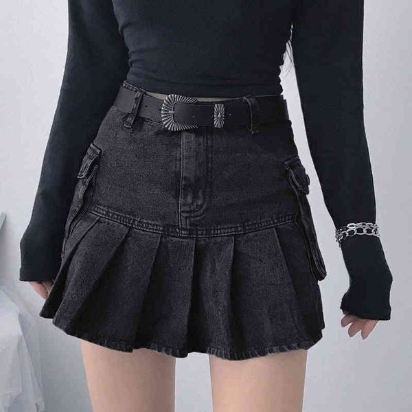 

black jeans skirts high-waisted pleated skirts for women new summer fashion short cargo denim skirt streetwear saia bottom 210415