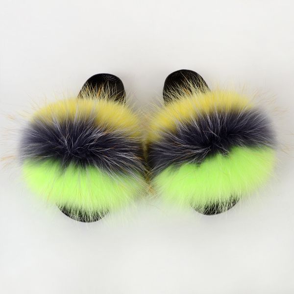 

new arrivals woman fur slippers fluffy furry slides raccoon fur slides, Black