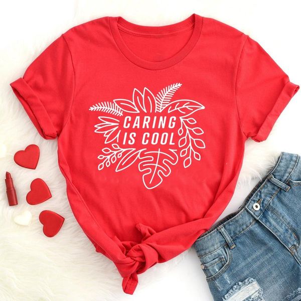 

women's t-shirt caring is cool fashion graphic women tshirt funny letter 100%cotton clothing harajuku o neck shirts short sleeve top, White