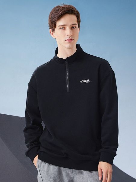 

men half zip letter embroidery drop shoulder sweatshirt f3tw#, Black