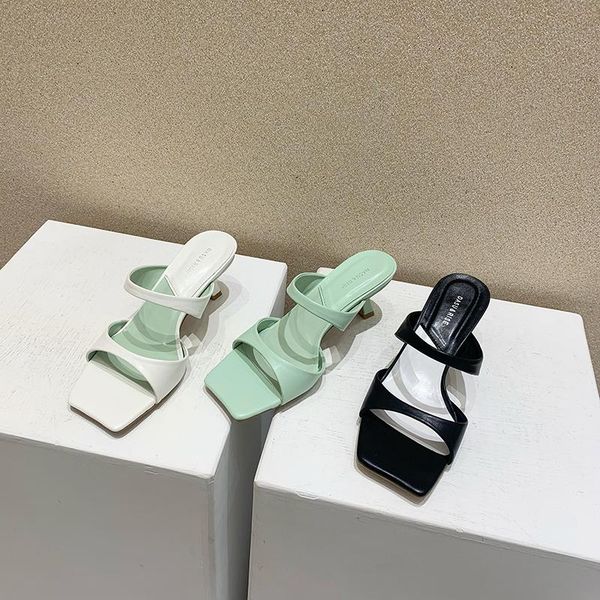 

slippers fashion women sandals narrow band thin high heels open toe casual slides solid color slip on mules shoes black/green