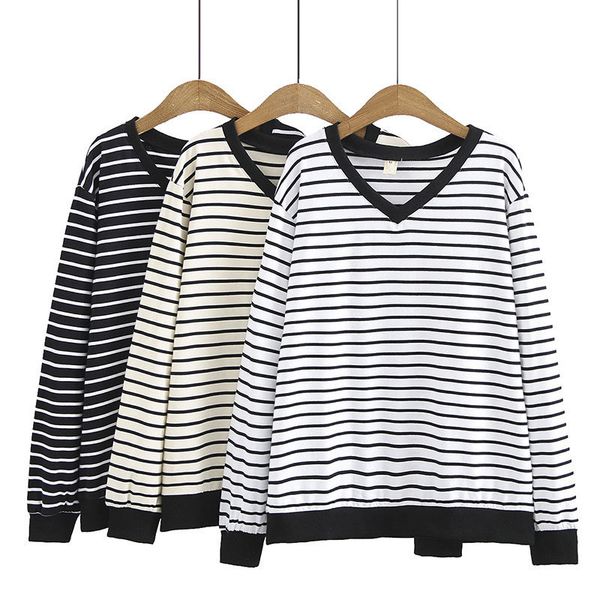 

women's hoodies & sweatshirts spring casual loose long sleeve v-neck stripe cotton pullovers plus size streetwear a8kv, Black