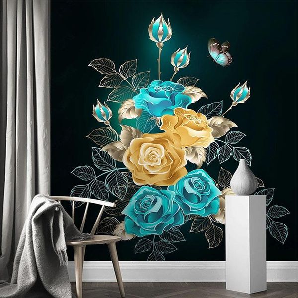 Tapeten Benutzerdefinierte jede Größe Wandtapete Moderne Mode 3D Goldfolie Abstrakt Handgemalte Rose Blume Schmetterling Fresko Papel de Parede