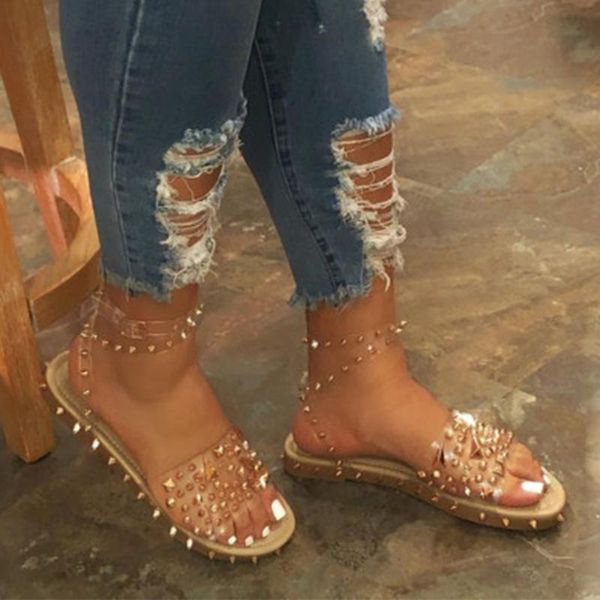 

summer woman sandals ankle strap shoes ladies transparent female rivet women's beach footwear plus size flats women metal buckle, Black