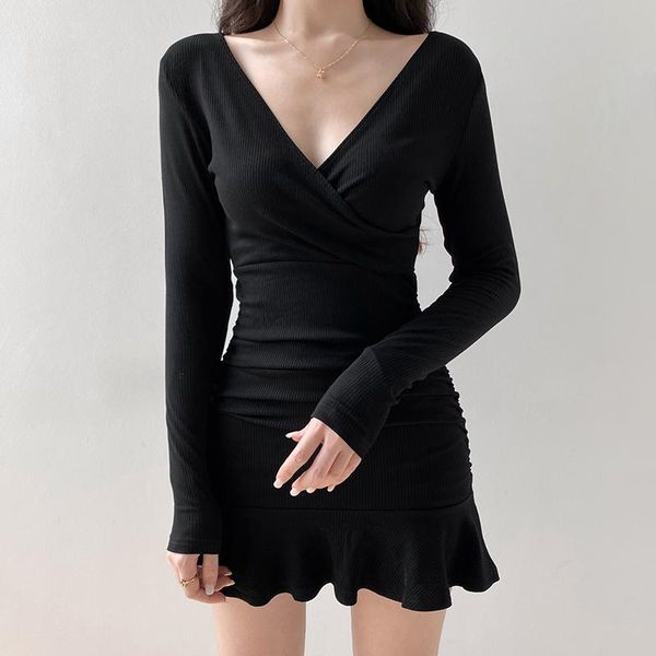 

casual dresses v neck ruffles long sleeve dress black fashion ruched harajuku solid spring autumn women korean clothes, Black;gray