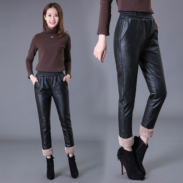 

women's pants & capris haren leather thicker cashmere autumn winter women 2021 pu fashion high waist brand trousers girls casual office, Black;white