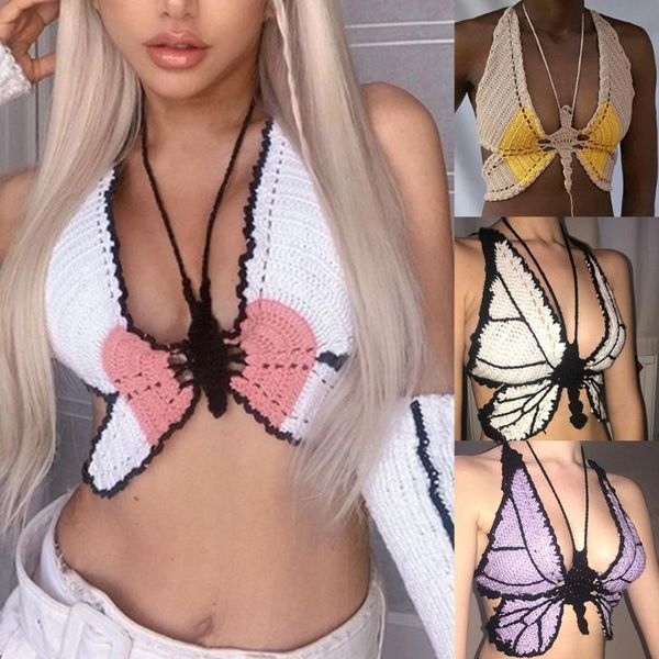 

women's tanks & camis womens summer hollow out knit camisole deep v-neck halter backless crop crochet butterfly bralette beach vest, White
