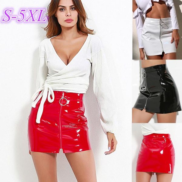 

skirts women mini leather wet look fashion with zipper short pencil bodycon skirt black red plus size