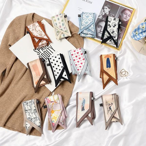 

scarves 6x100cm long skinny silk neck scarf women dots print hair band bag lady collar tie 2021 design foulard headband, Blue;gray