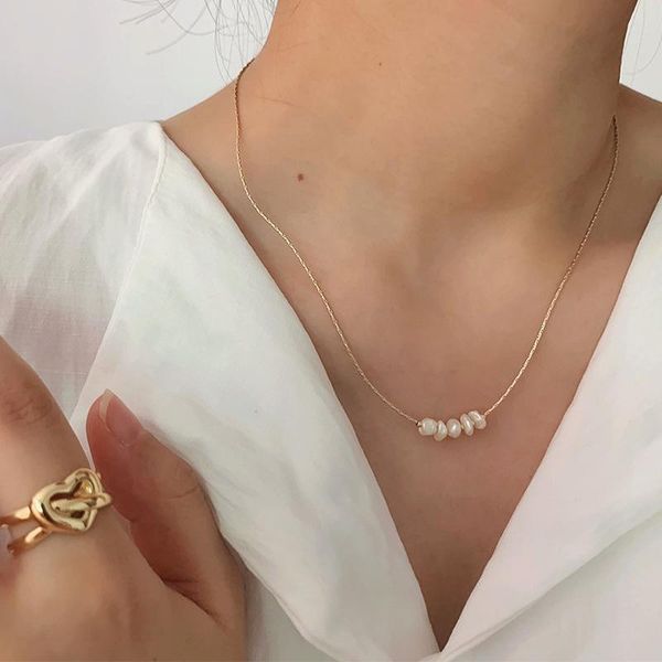 

chokers minar minimalist adjustable thin chain necklace for women girls natural freshwater pearl charm simple jewelry, Golden;silver