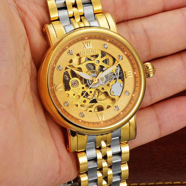

nesun new men business self-wind hollow automatic mechanical watches luxury waterproof male clock relogio masculino, Slivery;brown