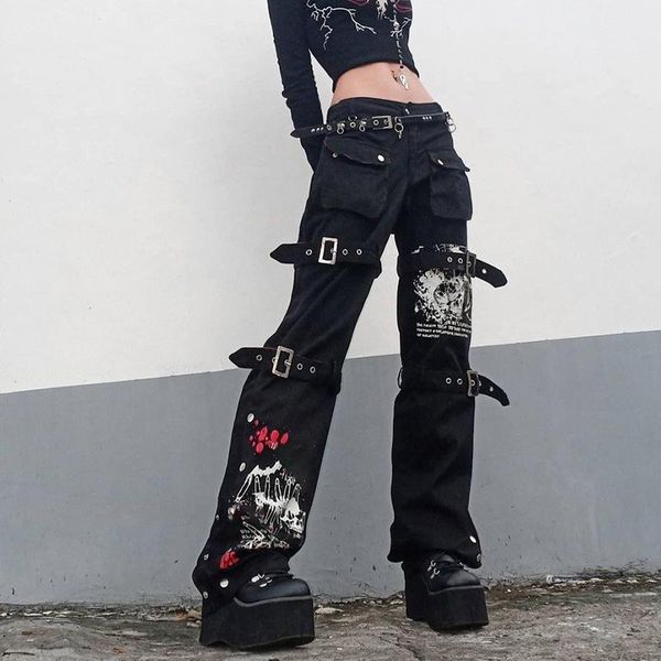 

women's pants & capris street punk skull print black buckle harajuku high waist big pocket trousers goth mall grunge cargo techwear, Black;white