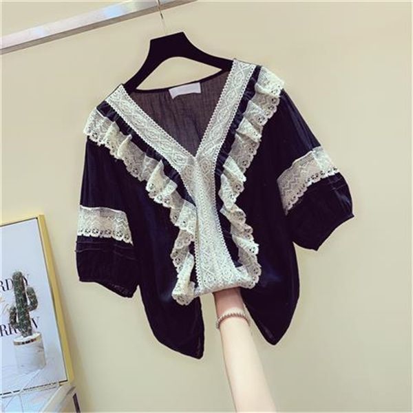 

summer lace patchwork puff sleeves v-neck shirt loose sweet 210615, White