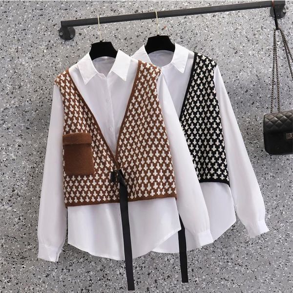 

women's knits & tees large size womens 2021 fat sister autumn easing show thin holiday two shirts knitted vest joining together, White