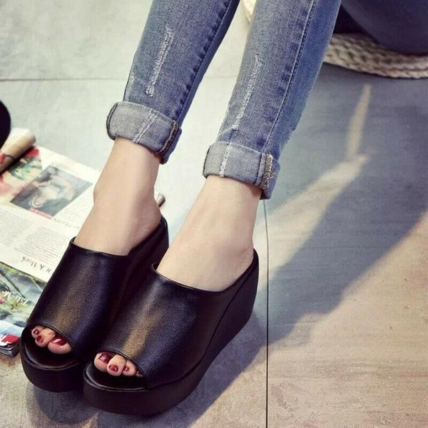 

outdoor women's summer slippers solid color with slope heels thick-soled sandals ladies simple fashion all-matching shoes, Black