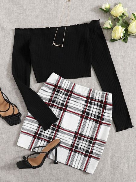 

off shoulder lettuce edge tee and tartan skirt set r33t#, White