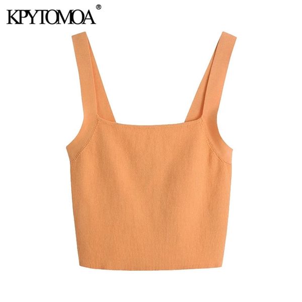

kpytomoa women fashion with wide straps cropped knitted tank vintage square collar backless female camis mujer 210407, White