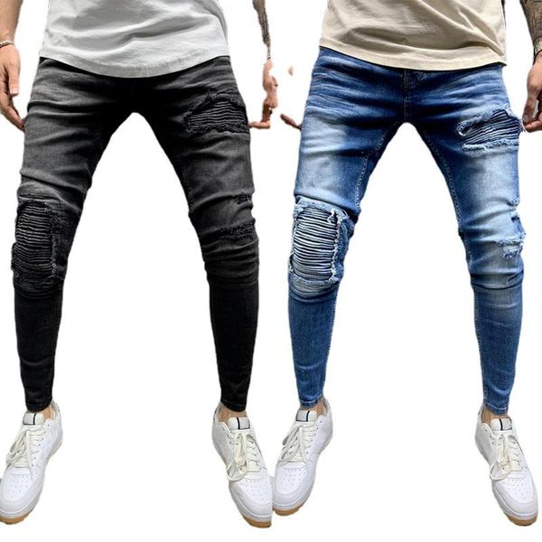 

men's jeans motorcycle ruffled skinny stretch denim pencil pants ripped for men, Blue