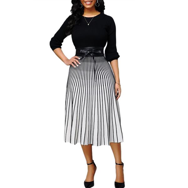 

women dress 2021 spring casual plus size slim patchwork striped office a-line dresses elegant long party dress with pu belt x0521, Black;gray