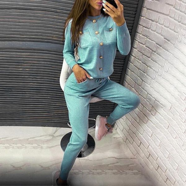 

yoga outfit 2021 knit women set metal button elegant 2pcs for elastic waist gym solid sports mujer tracksuit