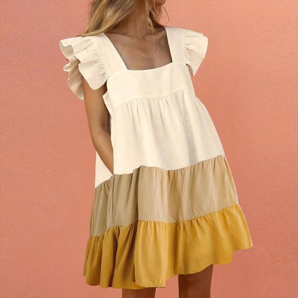 

elegant ruffle sleeve summer sweet womens dresses square collar pocket mini female solid color high waist beach party, Black;gray