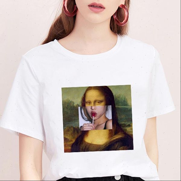 

mona lisa spoof personality fashion women t shirts summer harajuku aesthetics short sleeve white female