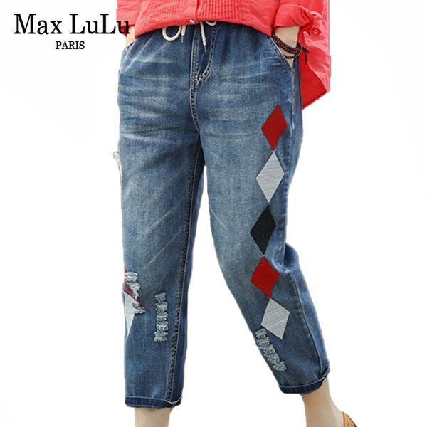 

Max LuLu 2021 Fashion Summer Ladies Luxury Embroidery Jeans Womens Vintage Ripped Denim Trousers Loose Holes Elastic Harem Pants, Blue