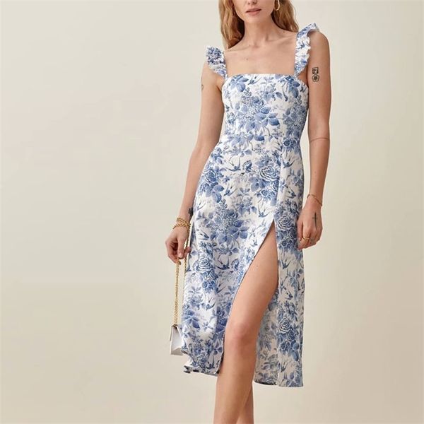 

women summer vintage elegant print dress sleeveless spaghetti strap slash neck female casual split fork dresses vestidos 210513, Black;gray