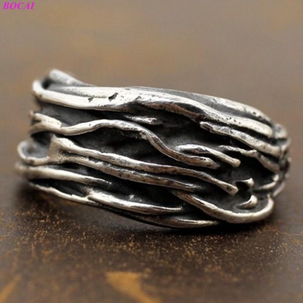 

cluster rings bocai s925 sterling silver male irregular line opening handmade thai retro natural wood rock index finger, Golden;silver