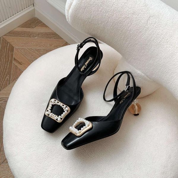 

large size french romantic genuine leather square toe strange high heels pearl decorations elegant women pumps l33 dress shoes, Black