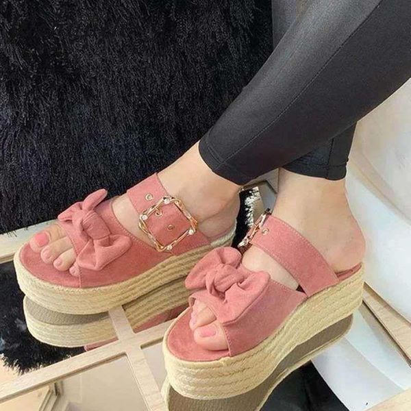 

sandals 2021 summer girls buckle platform rope large bow slipper wedges shoes for women, Black
