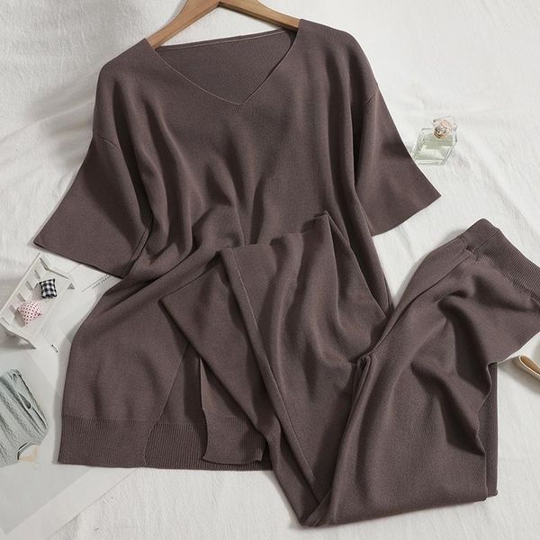 

women's two piece pants summer sets midi casual hooded v-neck split loose knitted with straight-leg two-piece suit women, White