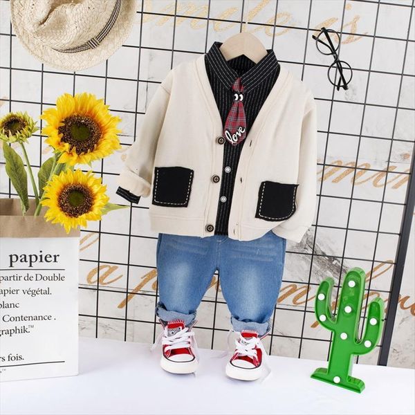 

toddler 3pcs clothes for boys cotton outfit jacket striped shirt jeans set infant kids children 1 2 3 4 years, White