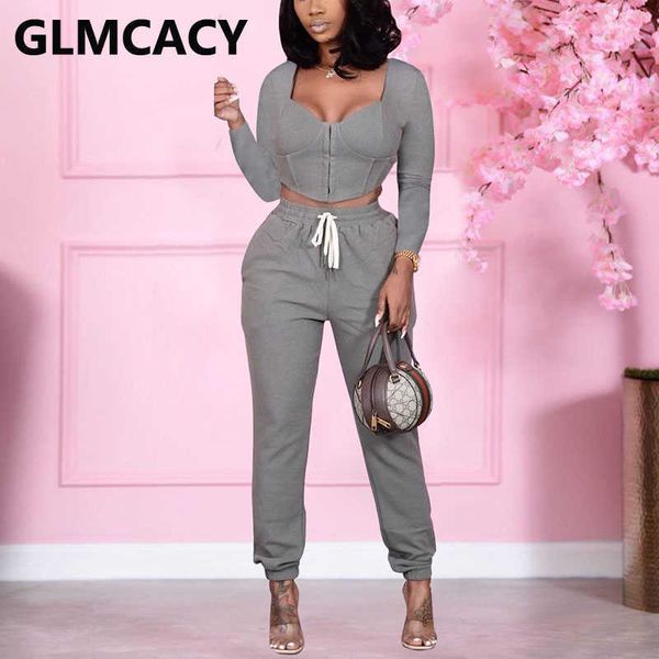 

women casual two piece track suits zipper crop & drawstring jogger pants set 210702, White