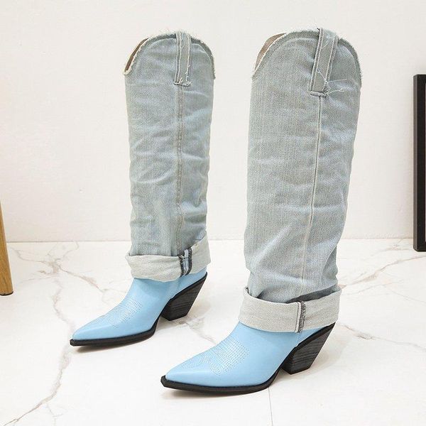 

boots luxury women's designer knee high thick heel wedge cool pointed heels jeans shoes, Black