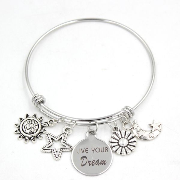 

wholesale stainless steel bangle adjustable live your dream bangle sunflower star sun moon bracelet for women jewelry gift, Golden;silver