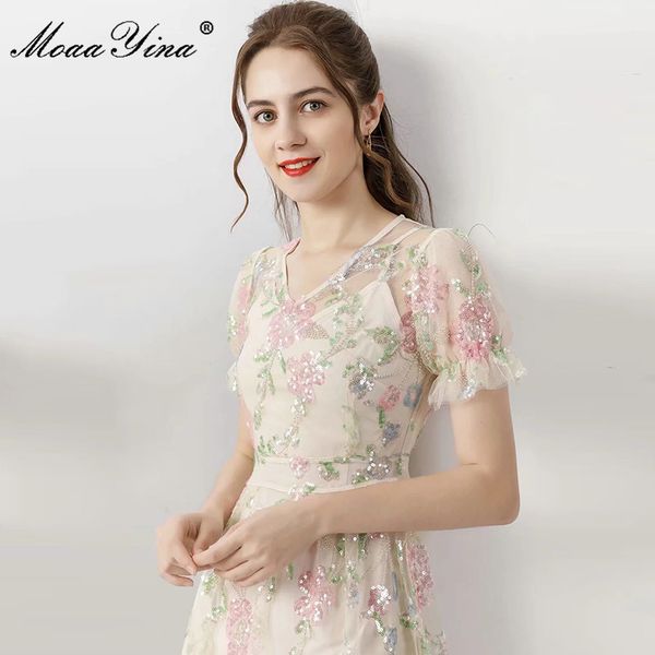 

fashion designer dress summer women's dress v-neck short sleeve mesh sequins slim elegant dresses 210524, Black;gray