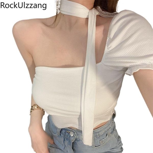 

white black one shoulder hollow bustier irregular crop bandage stretch t-shirt women fashion t shirt summer aesthetic women's
