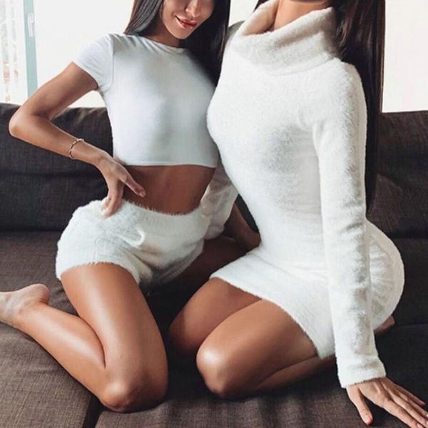 

casual dresses 2021 winter autumn knitted dress women turtleneck sweater jumper pull femme bodycon mini white, Black;gray