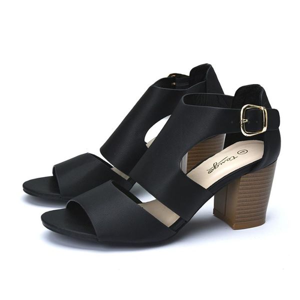 

leather block heel ankle strap sandals women low gladiator shoes woman open toe square chunky heels sandal ladies summer, Black