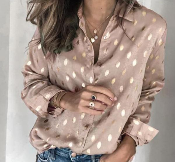 Camicette da donna Camicetta a maniche lunghe con collo in piumino e colletto con stampa a pois Camicia casual con bottoni per top da donna