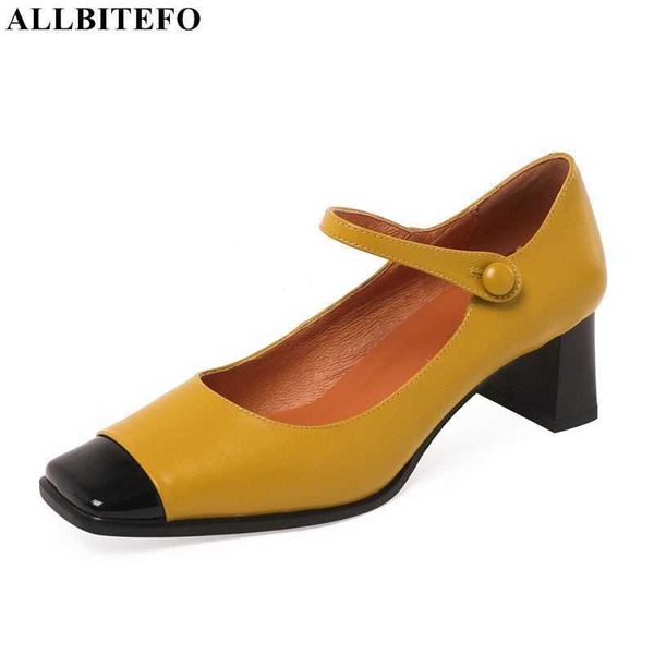 

allbitefo fashion retro genuine leather thick heels office ladies shoes women heels shoes brand high heels shoes stiletto 210611, Black