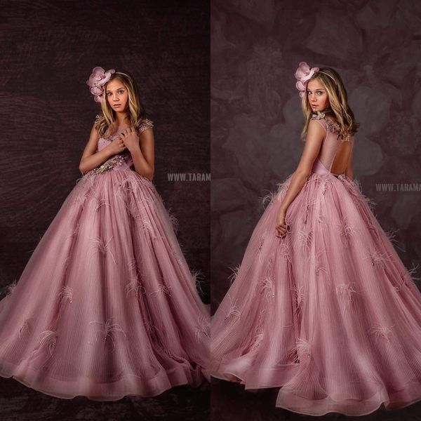 Luxo Pena Rosa Meninas Pageant Vestidos V Pescoço Princesa Flower Girl Dress Appliqued Primeira Comunhão Vestido