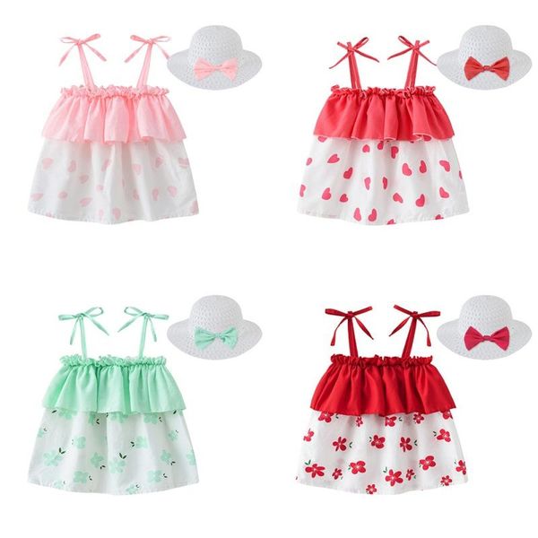 

girl's dresses toddler baby clothes set summer infant beachwear cute printed princess dress with hat outfit, Red;yellow