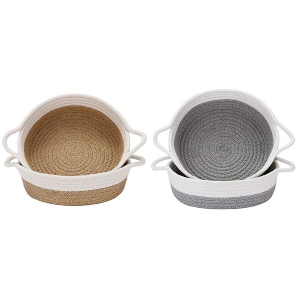 

storage baskets 4-pack cotton rope baskets, 10 x 3 inches small woven basket, fabric tray, bowl, round open dish gray & brown